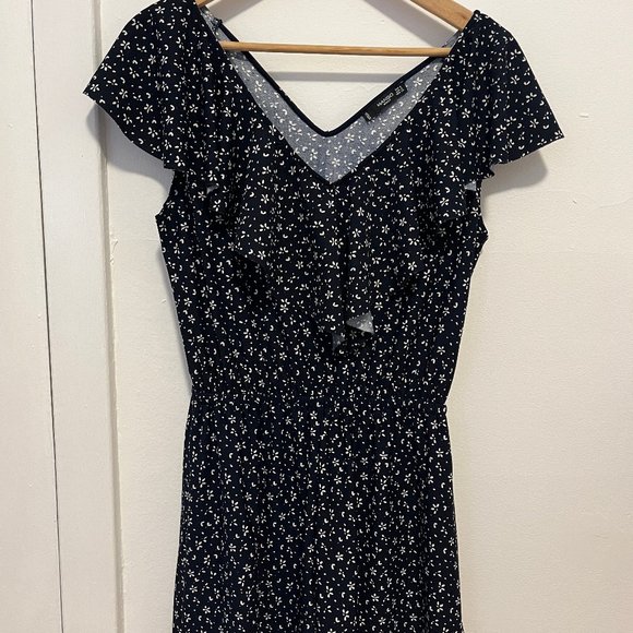 Mango Pants - Mango Navy Floral Pattern Frill Neckline Romper